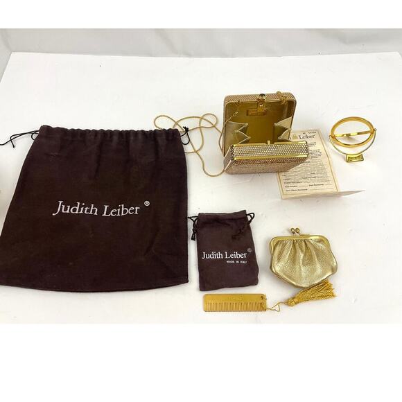 Judith Leiber Swarovski Crystal Gold Tone Metal Stone Evening Bag Clutch - Picture 16 of 16
